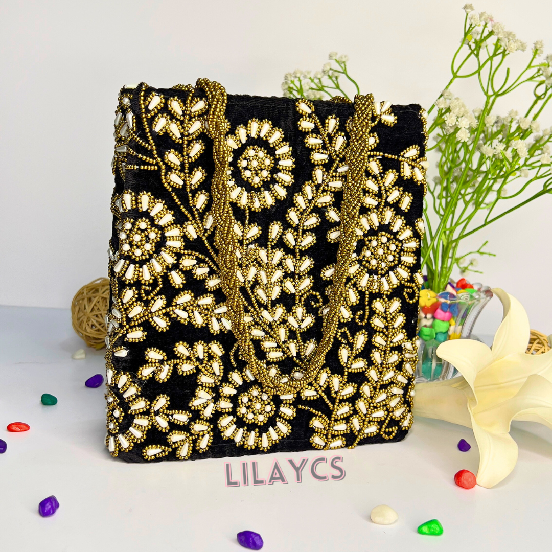 Black Velvet Loaded White Pearls HandBag - Premium Elegance Redefined