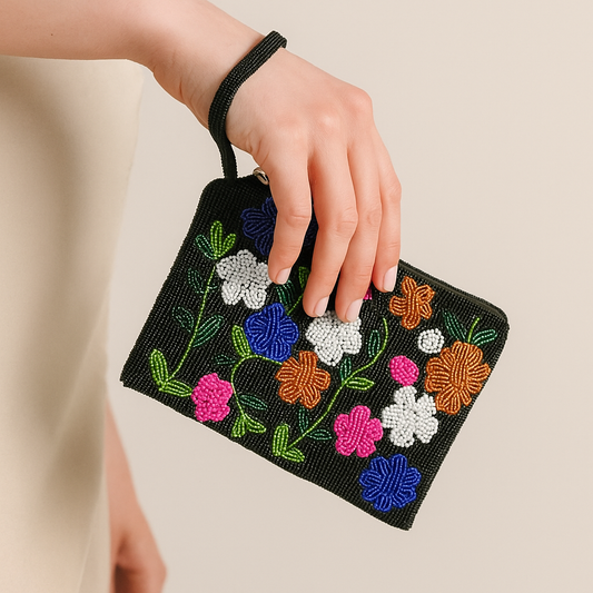 Black Floral Beaded Wallet