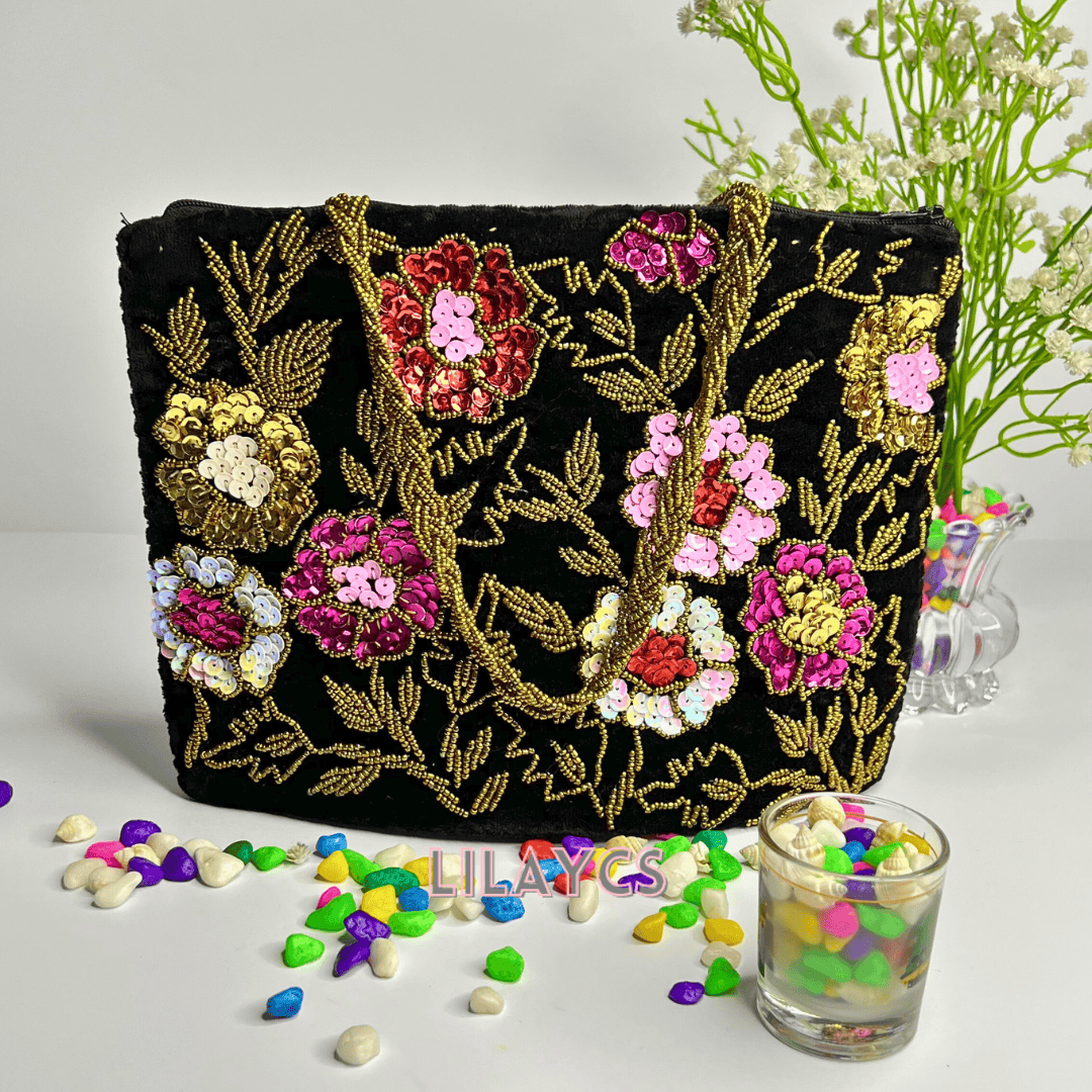 Versatile Black Multi Flowers Handbag