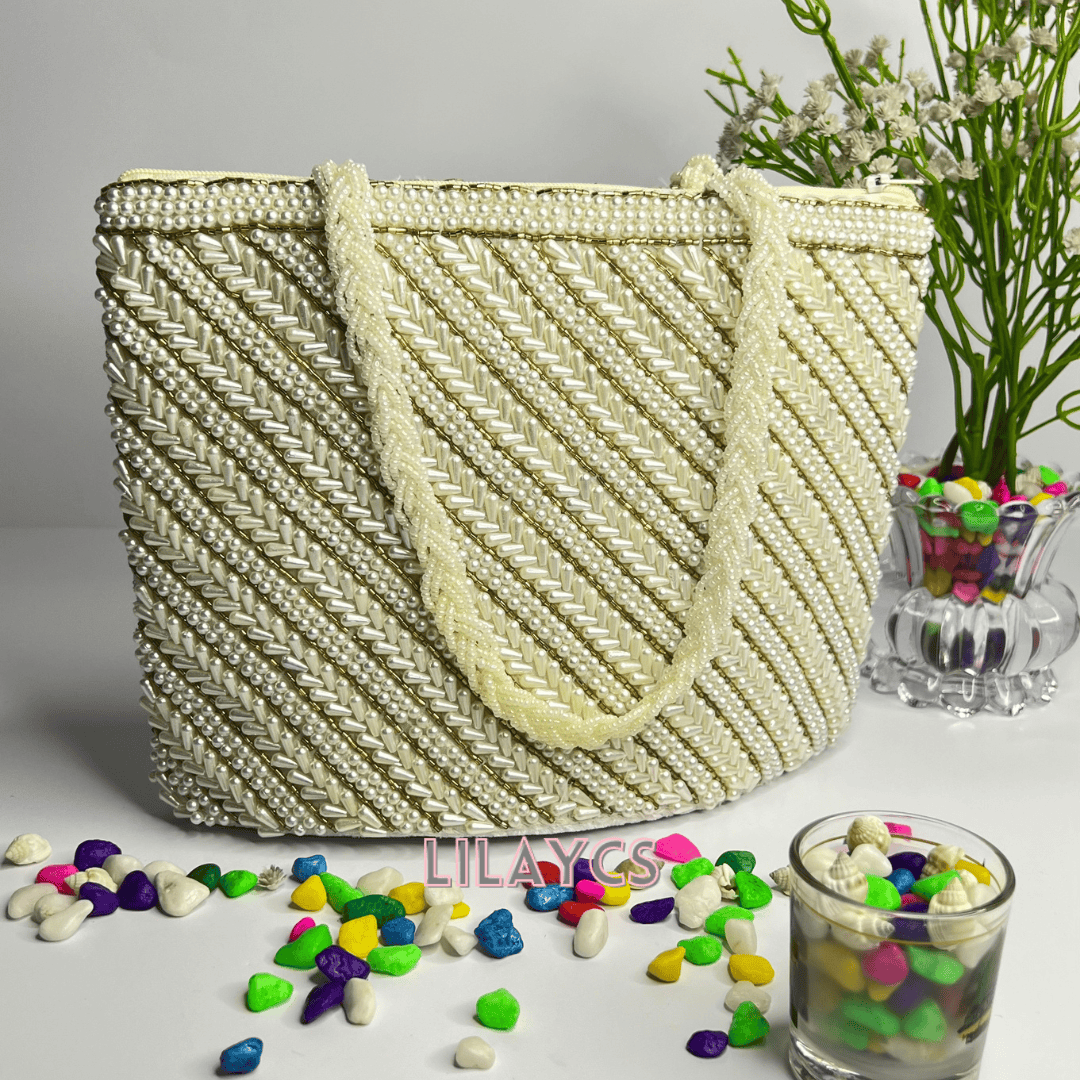 White Pearl Beads HandCrafted Artist Bag