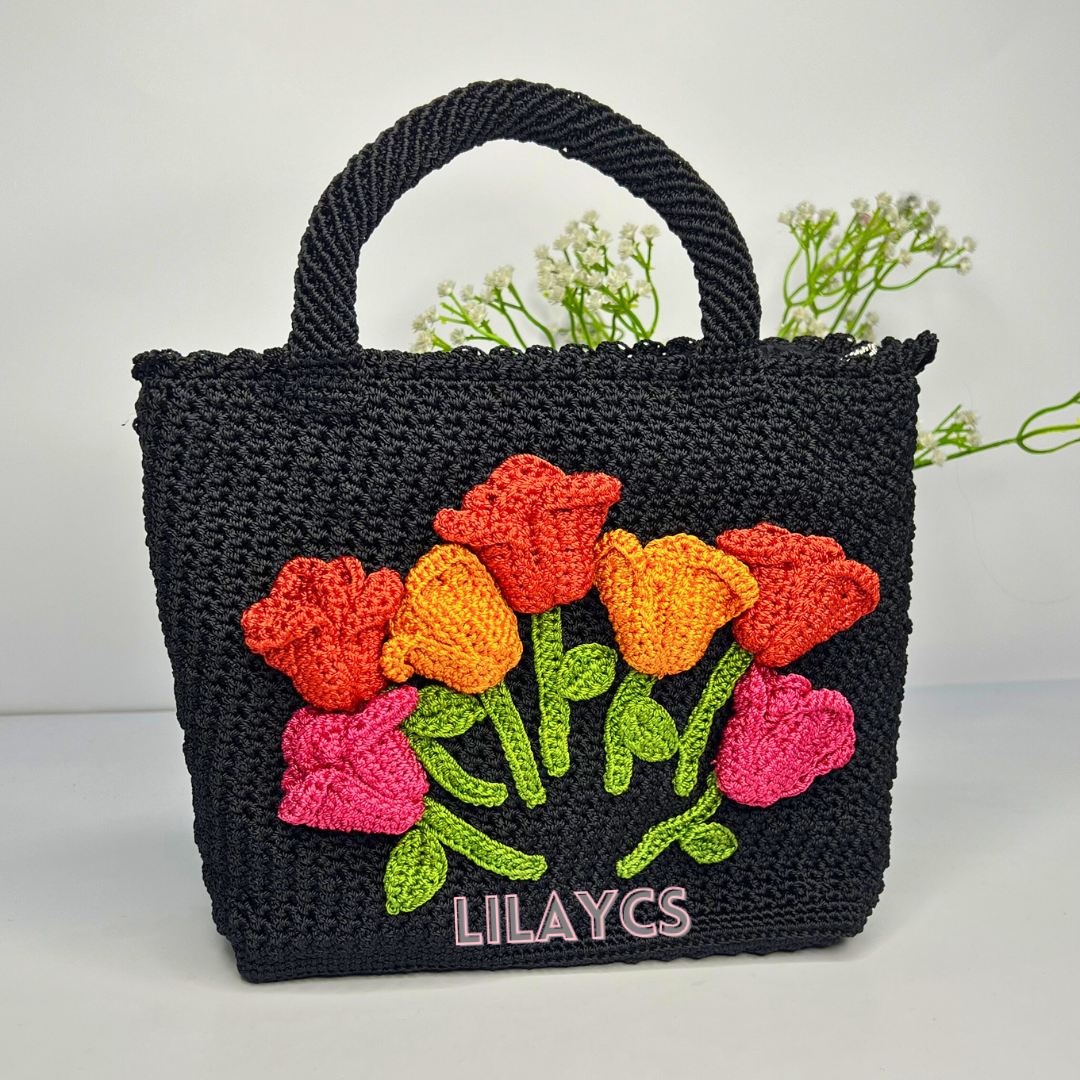 Elegant 3D Flowers Black Handbag Croatia Made for Ladies