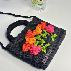 Elegant 3D Flowers Black Handbag Croatia Made for Ladies