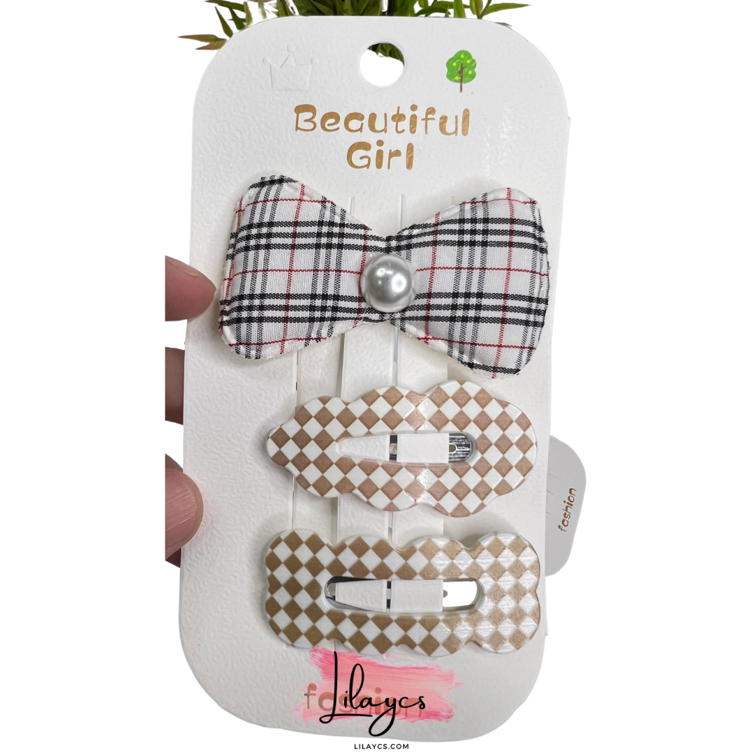 Kidss Cute Hair Pin Card - 1 Bow Pin and 2 Check Printed Pins in 1 Card