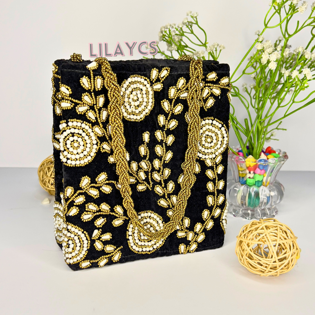 Timeless Elegance Handmade Bag - Black Pearls - Style 2