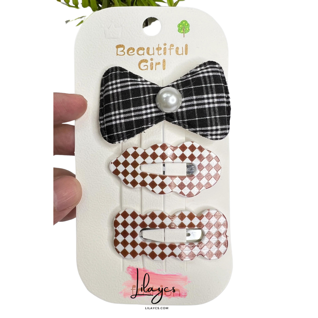 Kidss Cute Hair Pin Card - 1 Bow Pin and 2 Check Printed Pins in 1 Card