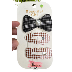 Kidss Cute Hair Pin Card - 1 Bow Pin and 2 Check Printed Pins in 1 Card