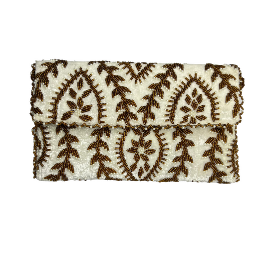 Elegant White Velvet Handmade Bead Clutch