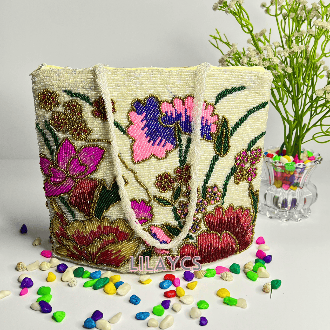 Beaded Elegance White Handbag