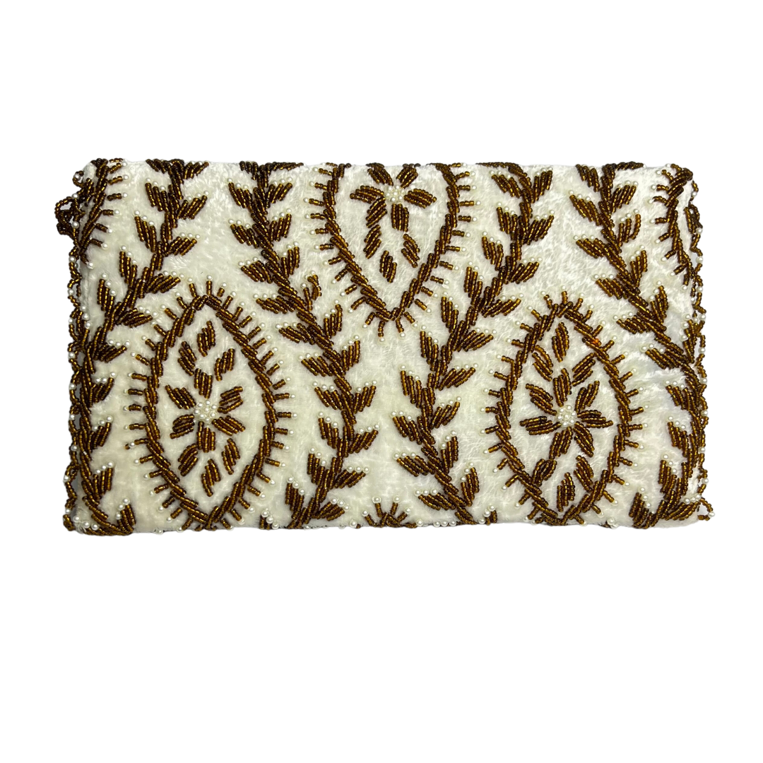 Elegant White Velvet Handmade Bead Clutch