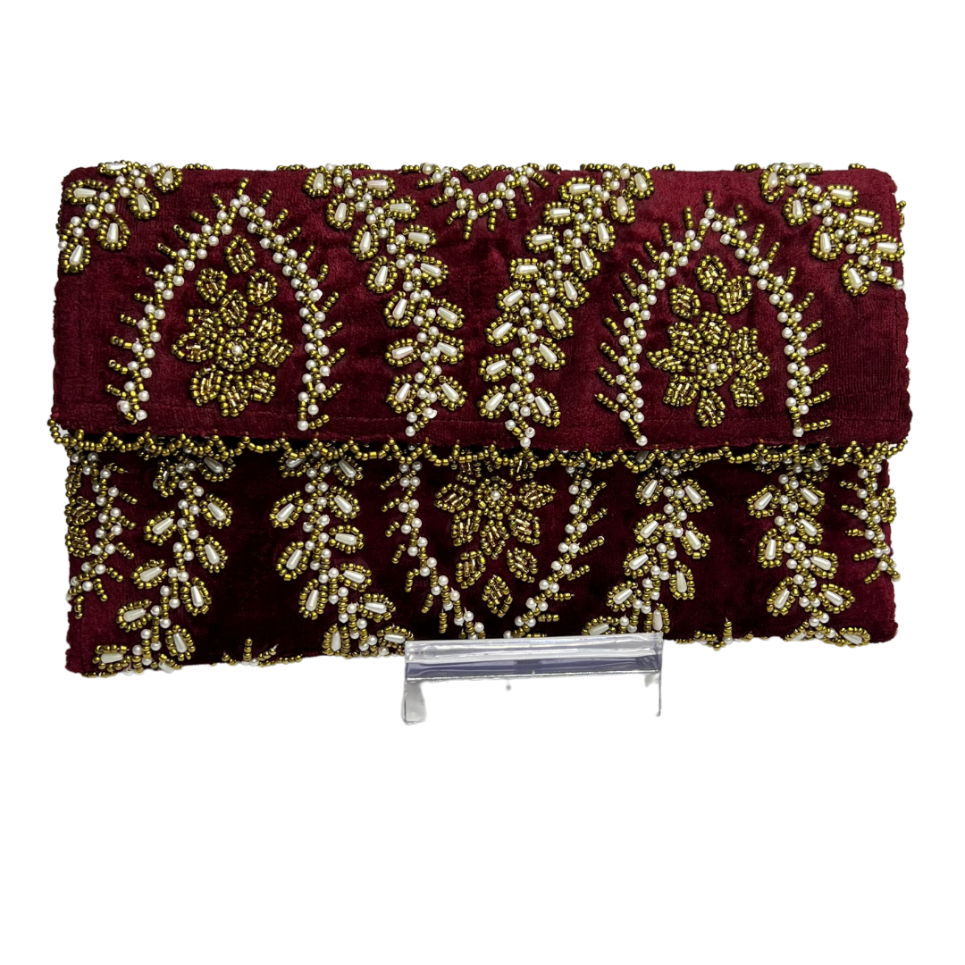 Red Velvet Beads Handmade Clutch - Timeless Elegance in Every Stitch