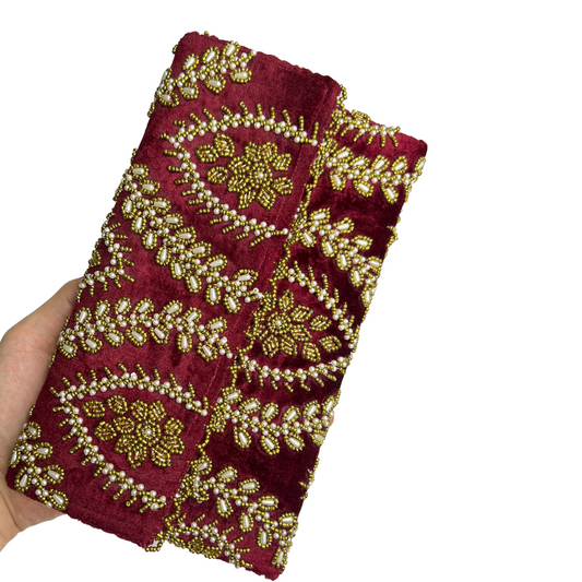 Red Velvet Beads Handmade Clutch - Timeless Elegance in Every Stitch