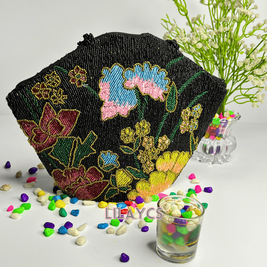 Gexagon Black Multi Handbag made with beads