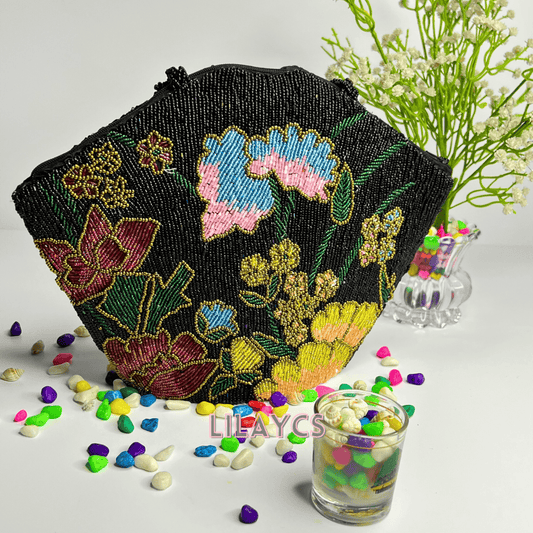 Gexagon Black Multi Handbag made with beads