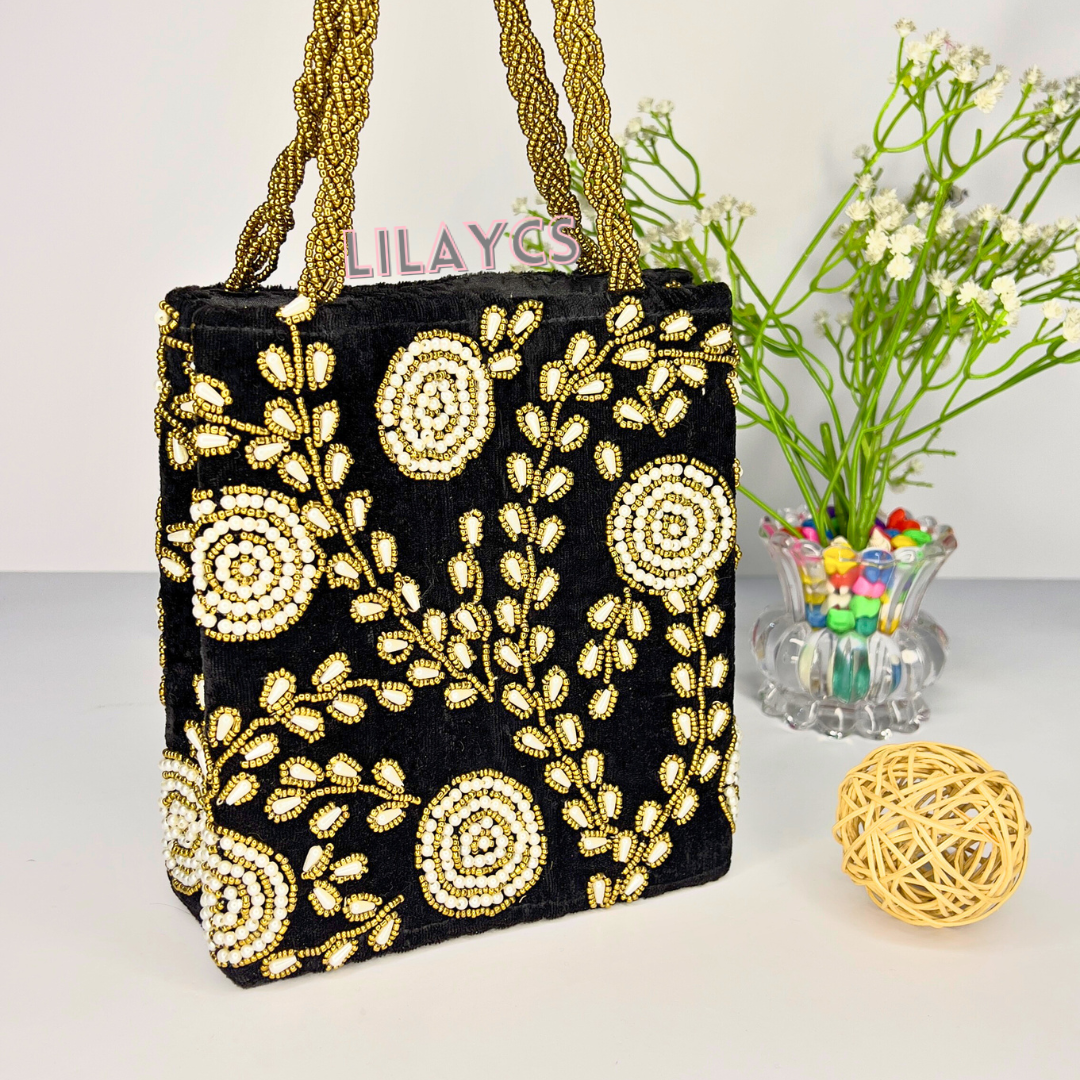 Timeless Elegance Handmade Bag - Black Pearls - Style 2