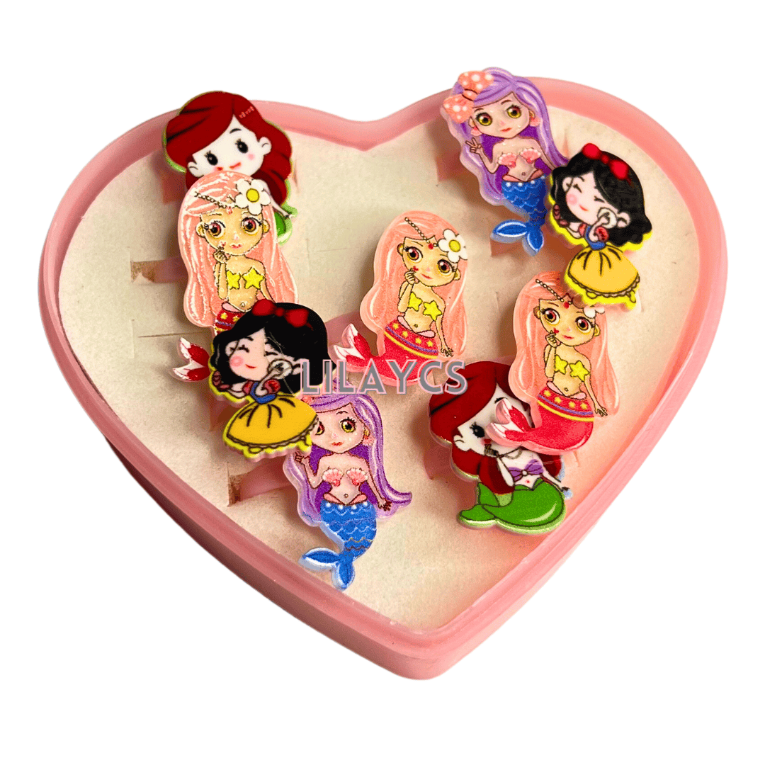 9PCS - Kids Cute SHAPE Rings with Heart Shape Box