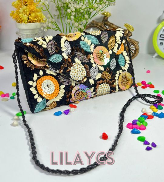 Lilaycs Noir Petal Masterpieces Black Beaded Floral Clutch