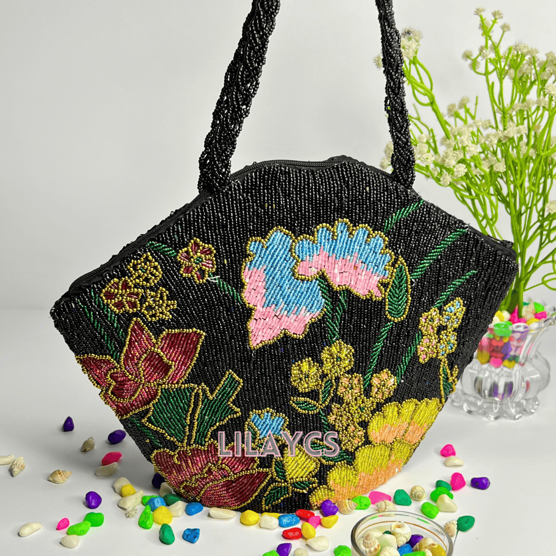 Gexagon Black Multi Handbag made with beads