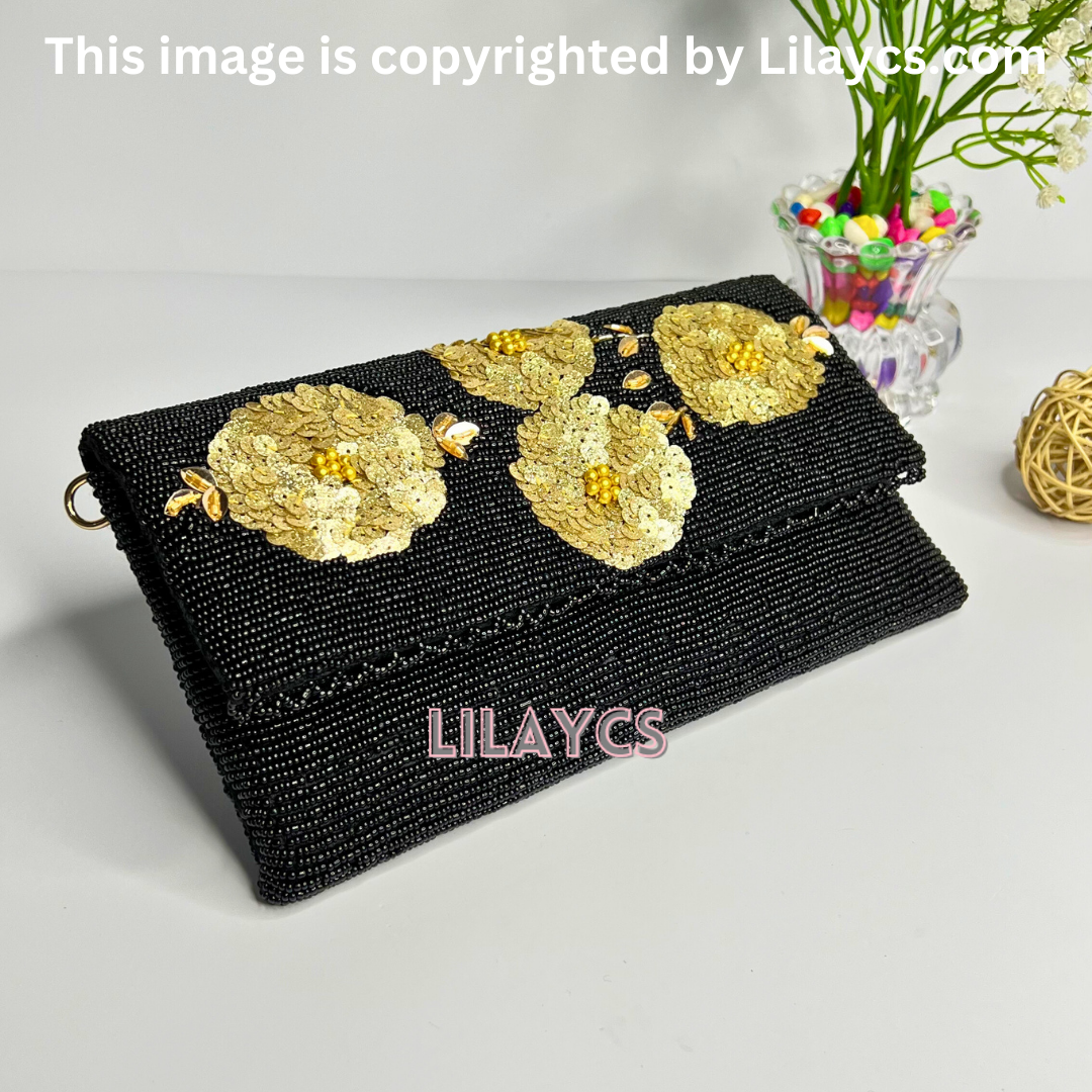 Gold Flowers Black Beauty Handcrafted Ladies Clutch