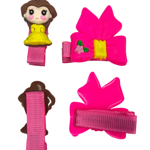 Set Of Cute Doll Silicone Hair Pins - 1 Card - 1 Doll And 1 Bow Pin - 2 PCS 1 Card