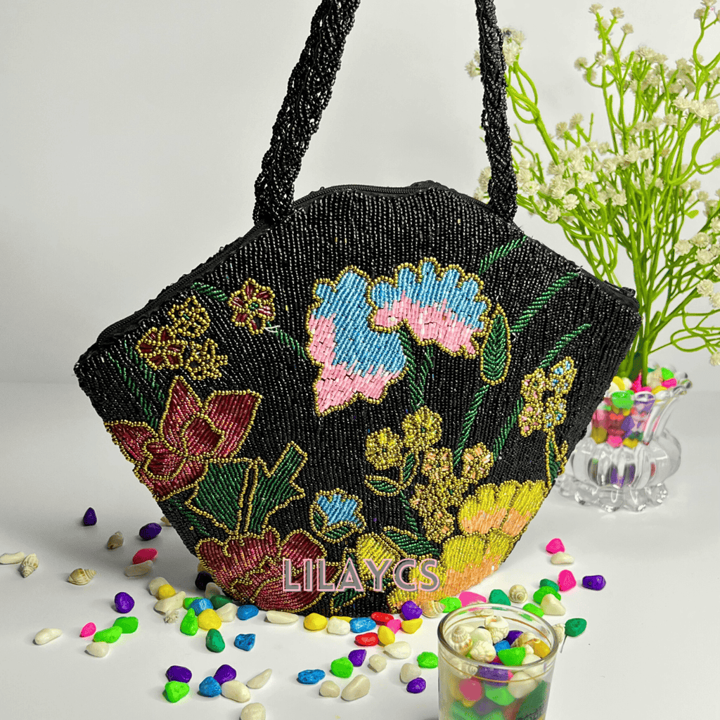 Gexagon Black Multi Handbag made with beads
