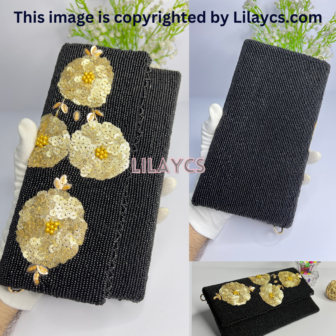 Gold Flowers Black Beauty Handcrafted Ladies Clutch