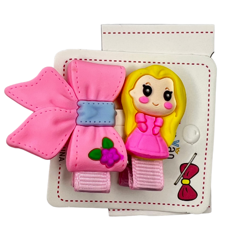 Set Of Cute Doll Silicone Hair Pins - 1 Card - 1 Doll And 1 Bow Pin - 2 PCS 1 Card