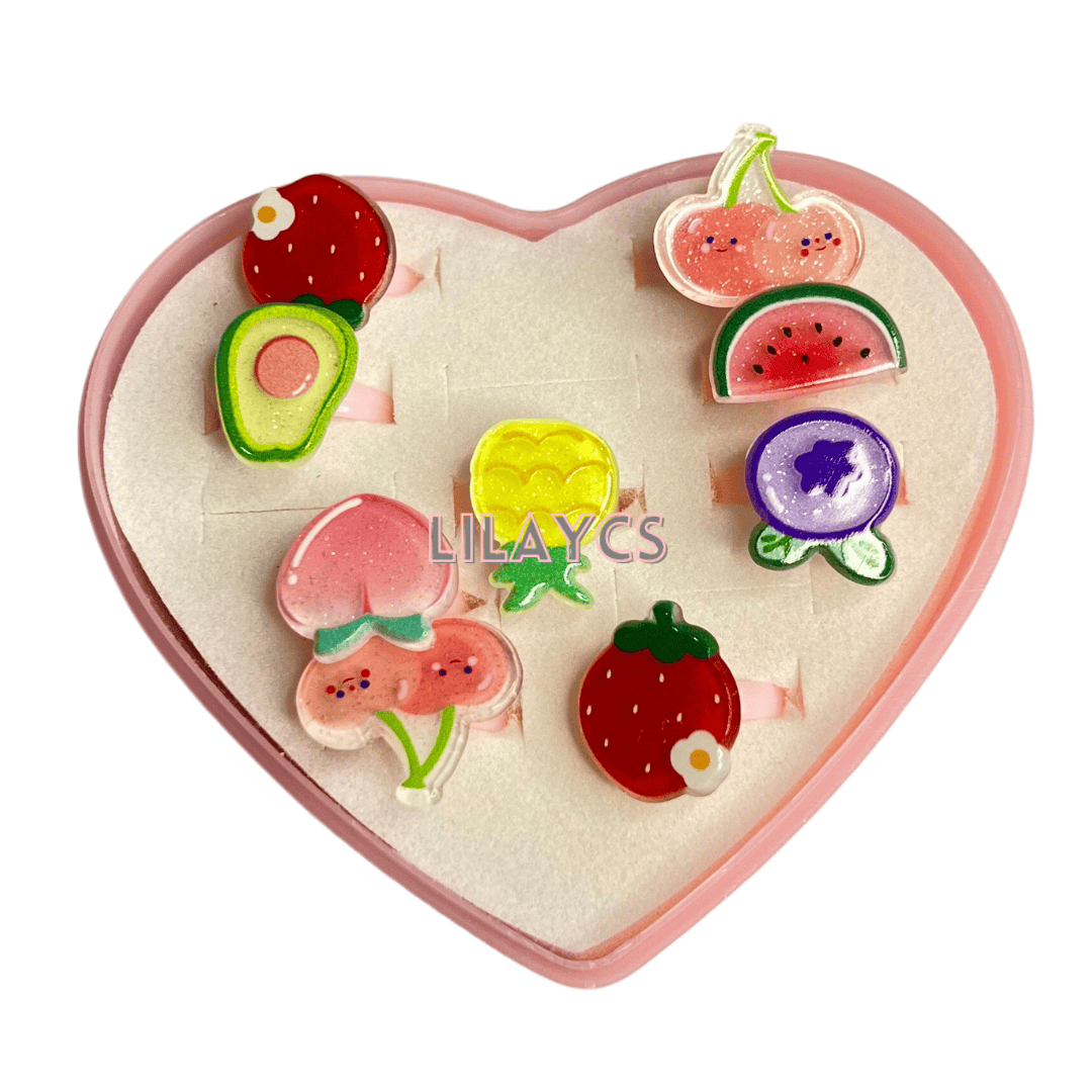 9PCS - Kids Cute SHAPE Rings with Heart Shape Box