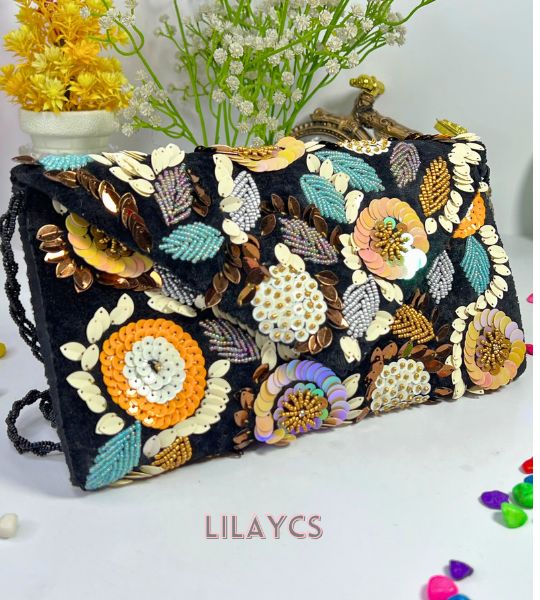 Lilaycs Noir Petal Masterpieces Black Beaded Floral Clutch