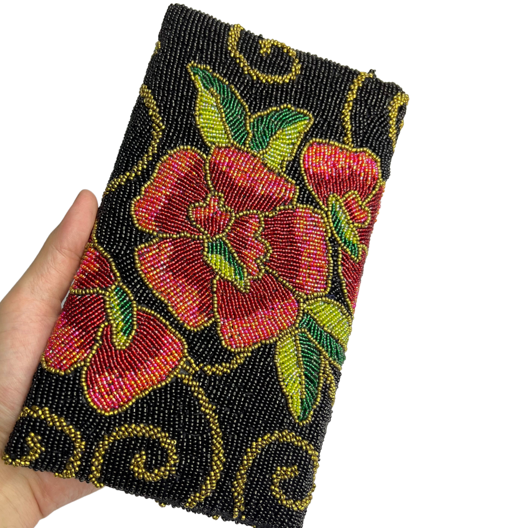 Black and Red Flowers Handmade Clutch - A Symphony of Elegance and Passion