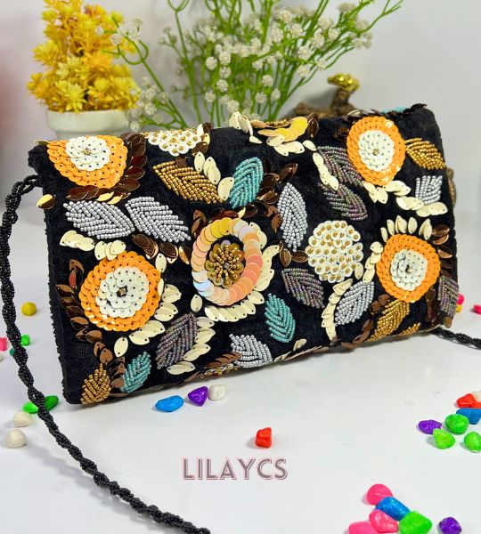 Lilaycs Noir Petal Masterpieces Black Beaded Floral Clutch