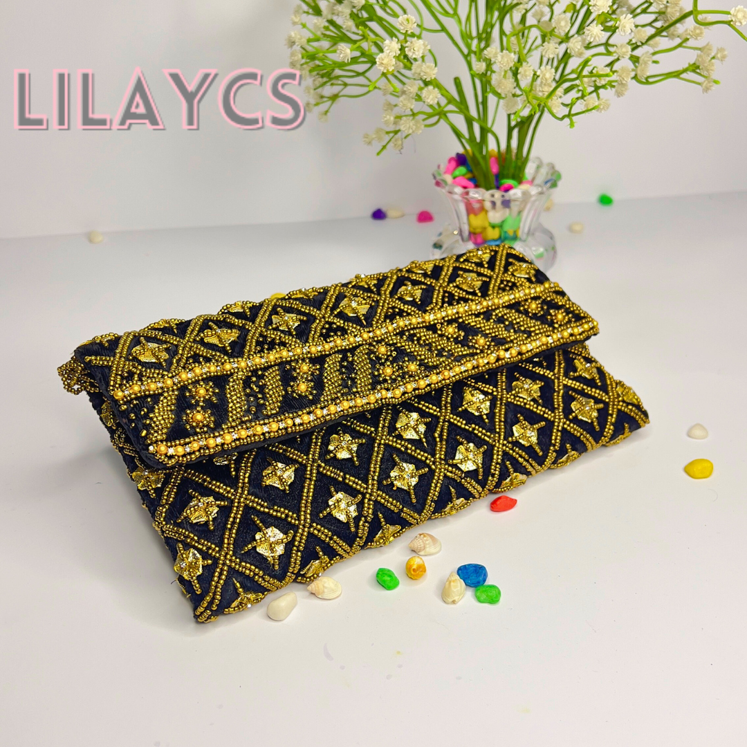 Premium Black and Gold Beaded Clutch