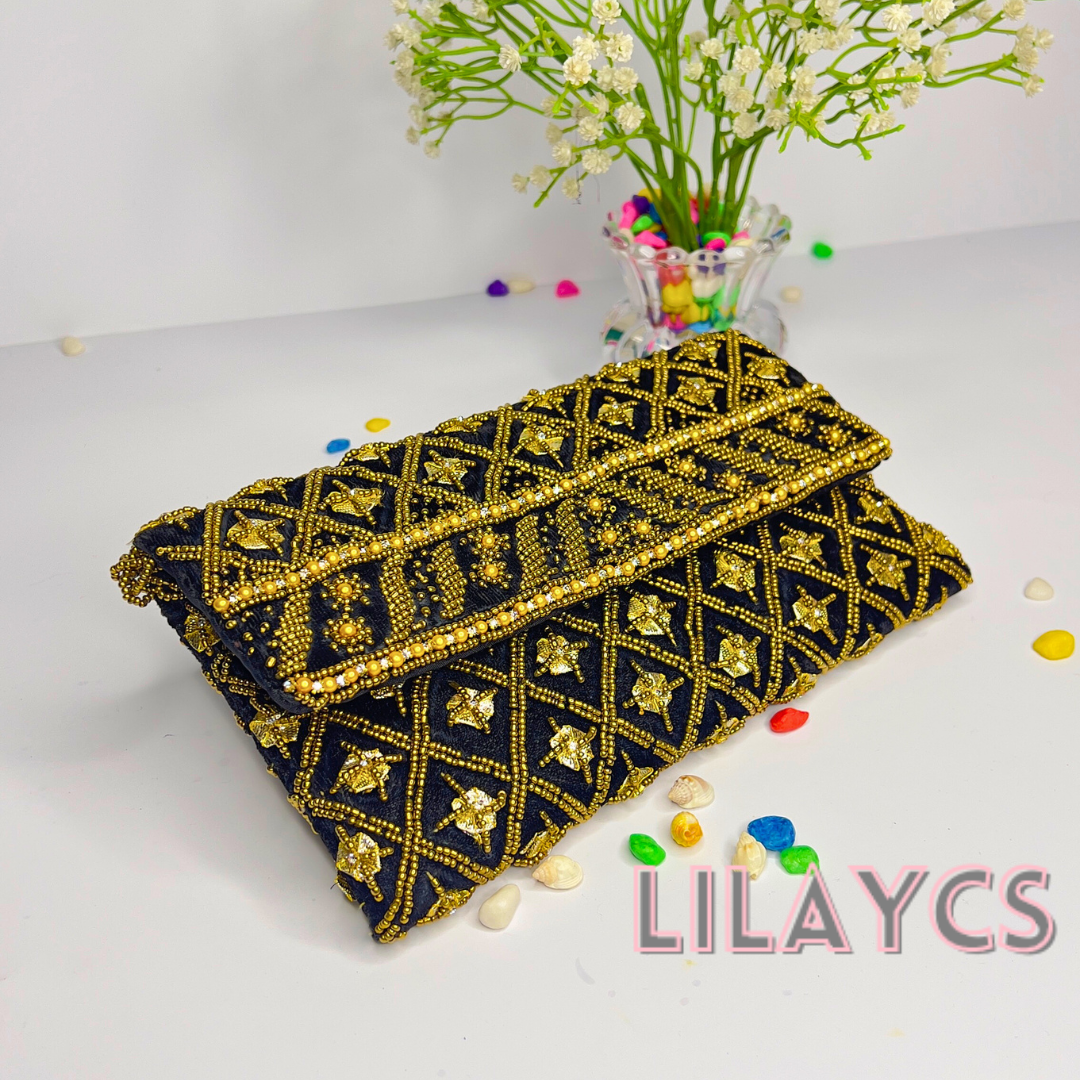 Premium Black and Gold Beaded Clutch