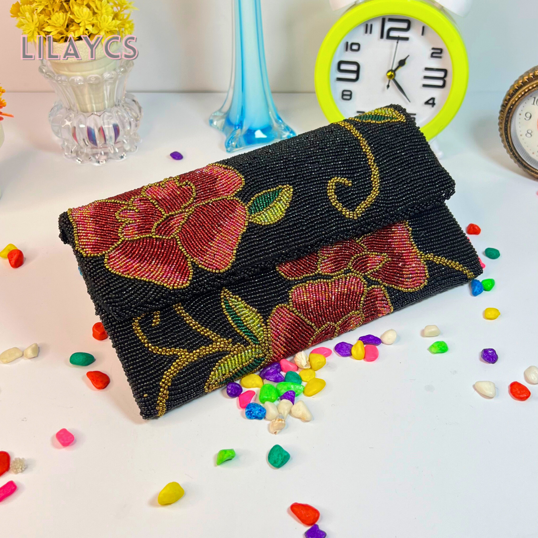 Black and Red Flowers Handmade Clutch - A Symphony of Elegance and Passion