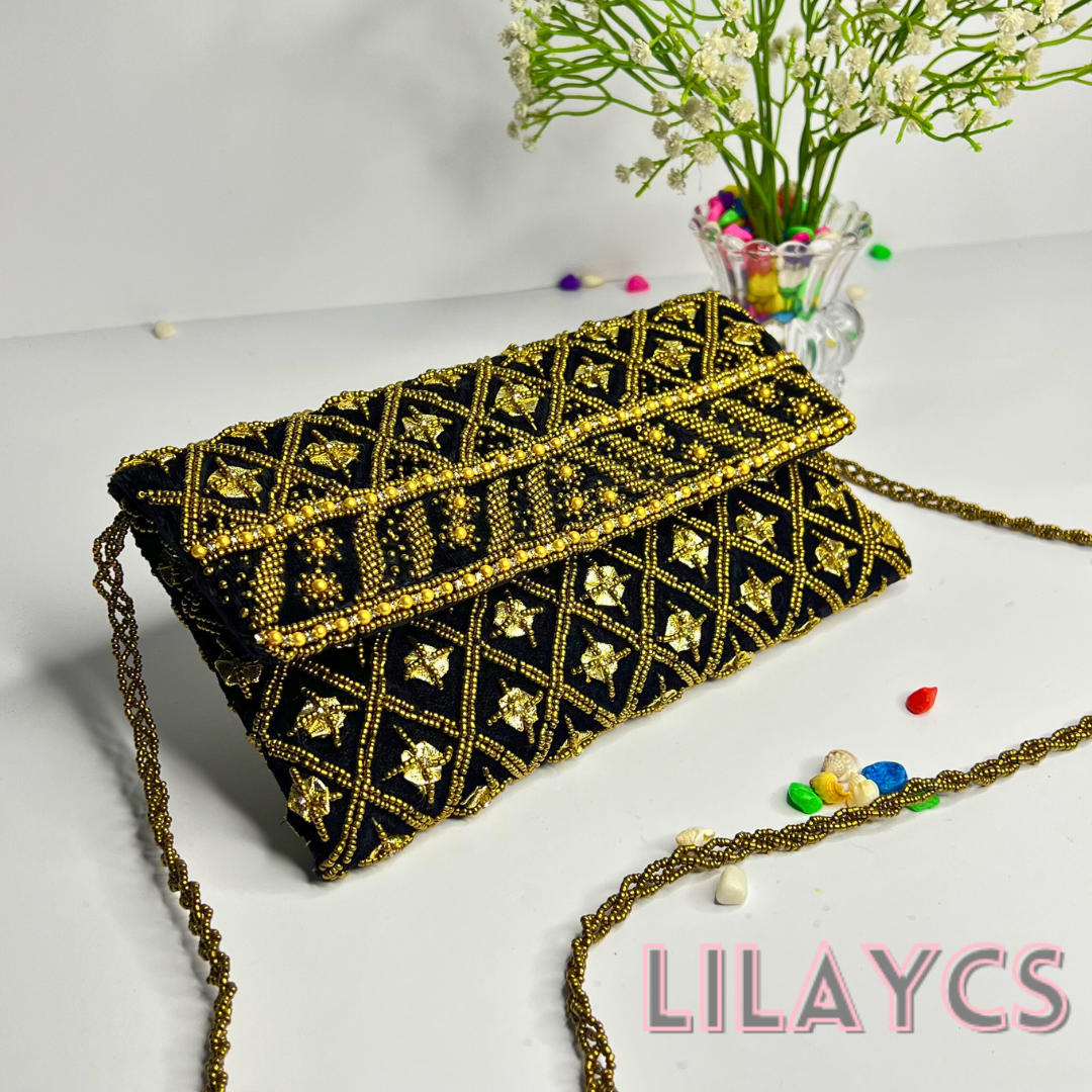 Premium Black and Gold Beaded Clutch