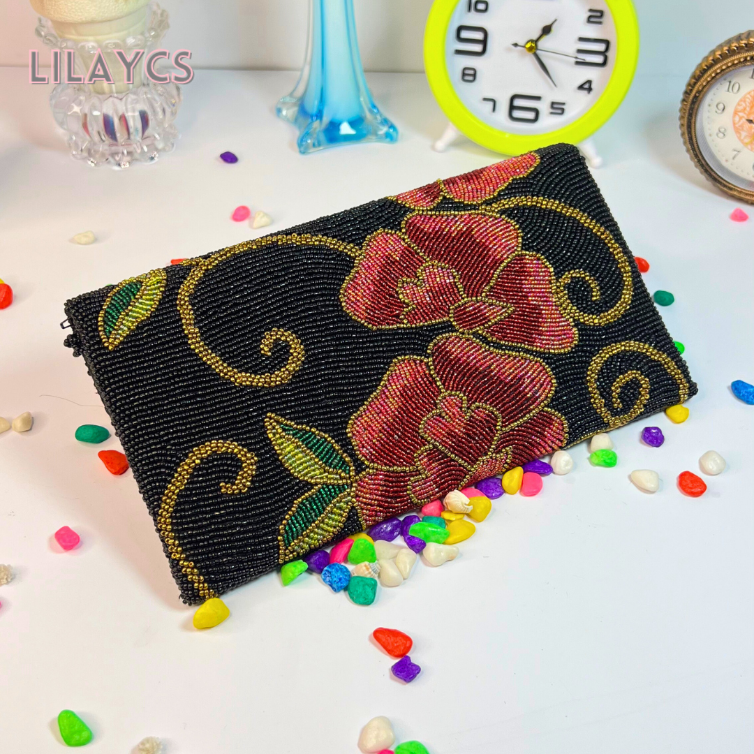 Black and Red Flowers Handmade Clutch - A Symphony of Elegance and Passion