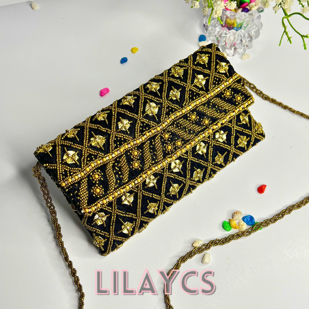 Premium Black and Gold Beaded Clutch