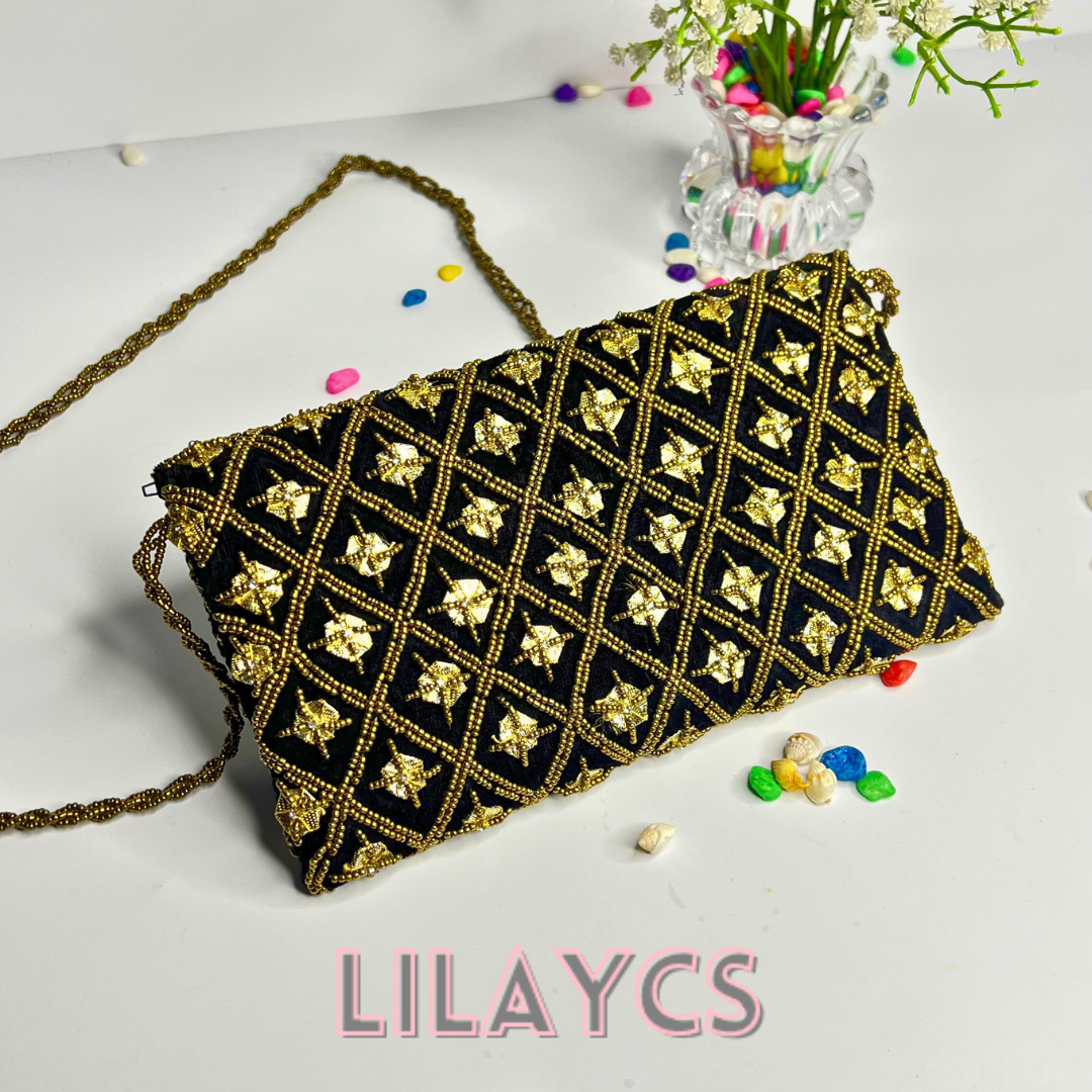 Premium Black and Gold Beaded Clutch