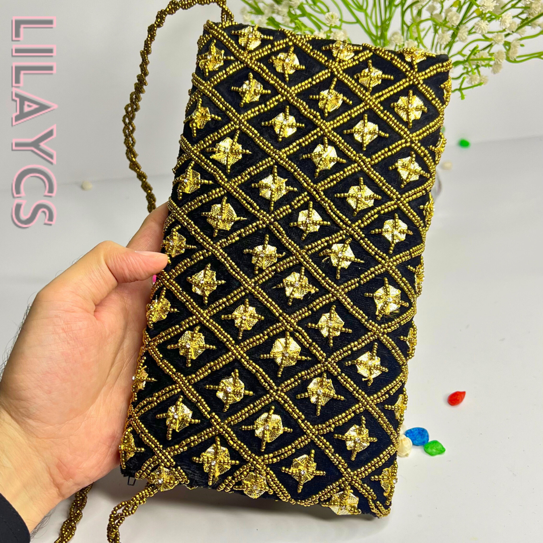 Premium Black and Gold Beaded Clutch