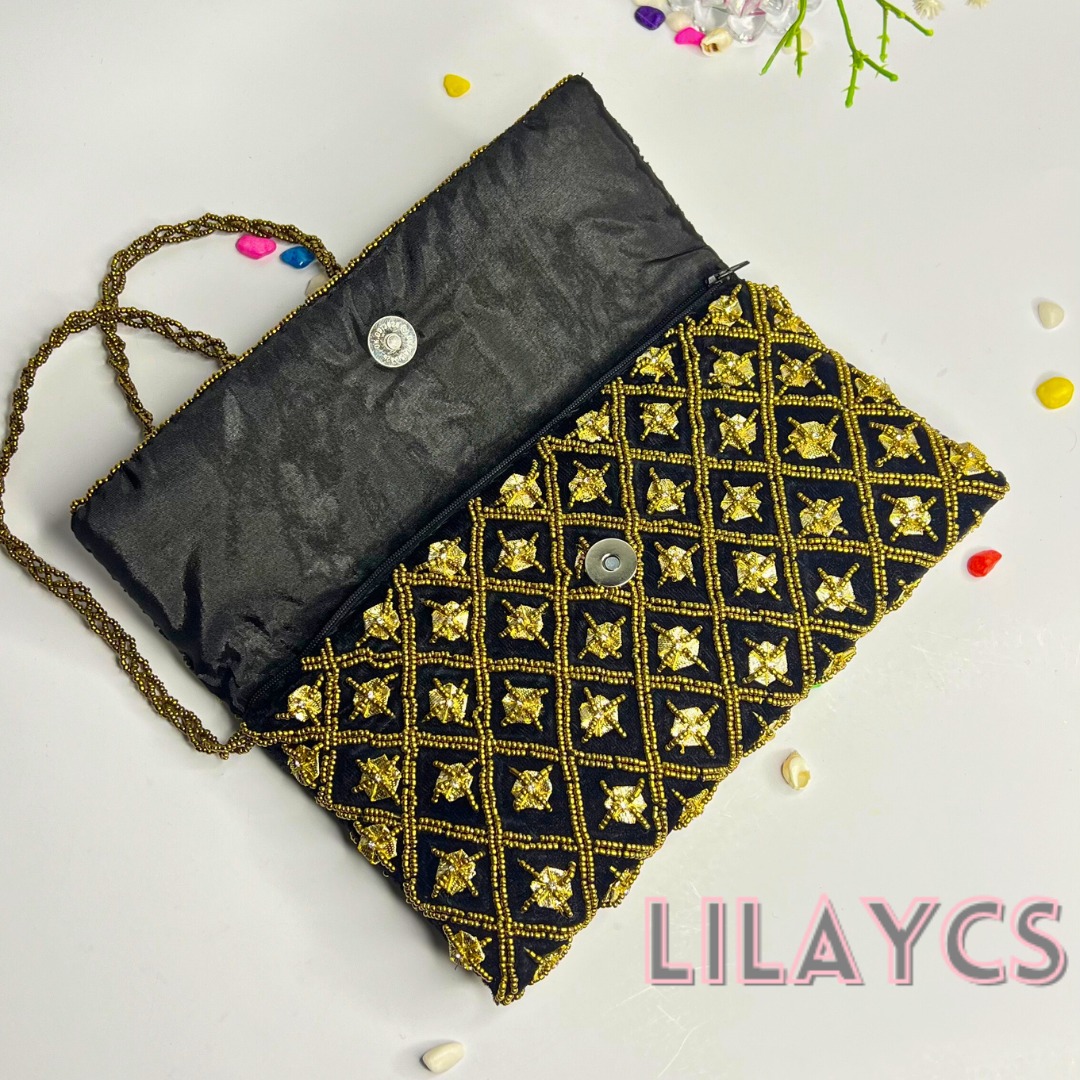 Premium Black and Gold Beaded Clutch