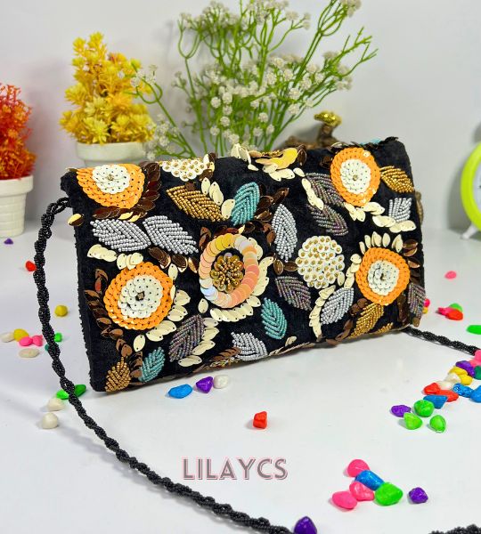 Lilaycs Noir Petal Masterpieces Black Beaded Floral Clutch