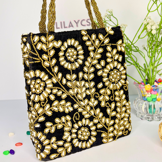 Black Velvet Loaded White Pearls HandBag - Premium Elegance Redefined