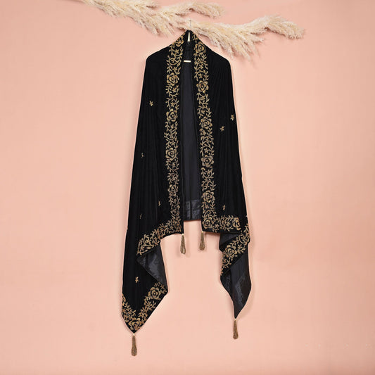 Moonlit Beads Shawl - Black Gold Embroidered Women's Shawl