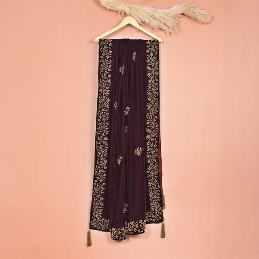 Velvet Maroon Shawl - Gold Embroidered Pakistani Designer Wrap