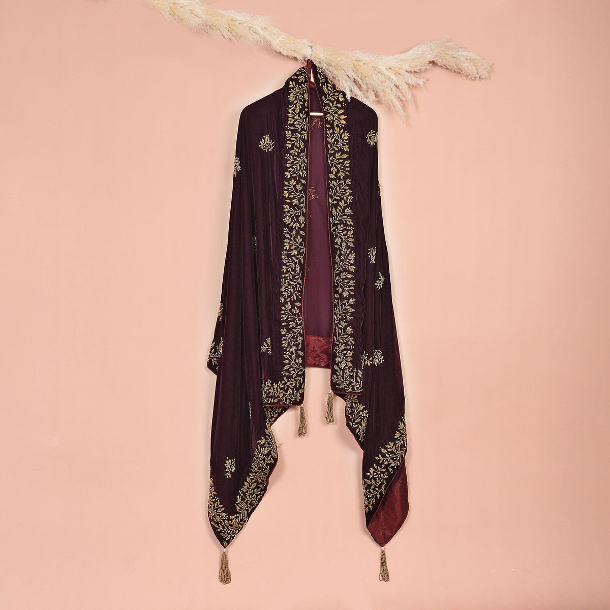 Velvet Maroon Shawl - Gold Embroidered Pakistani Designer Wrap