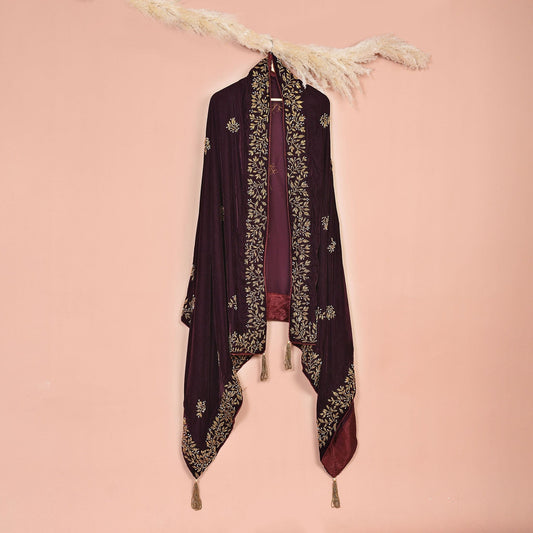 Velvet Maroon Shawl - Gold Embroidered Pakistani Designer Wrap