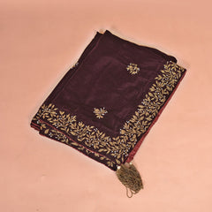 Velvet Maroon Shawl - Gold Embroidered Pakistani Designer Wrap