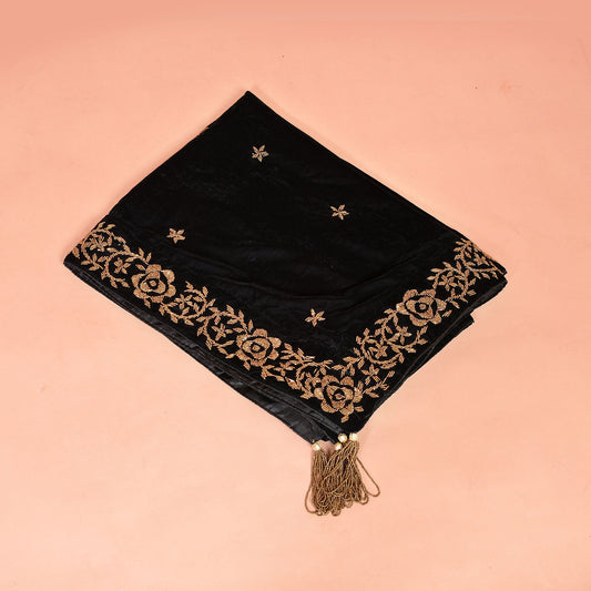 Moonlit Beads Shawl - Black Gold Embroidered Women's Shawl