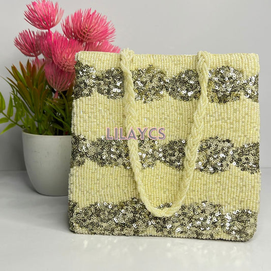 Rustic Charm Beaded Handmade Bag - Pearl White