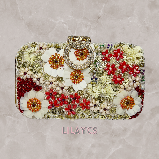 3D Flowers - Fashionably Elegant Metal Clutch Purse: Perfect for Ladies, Parties, and Weddings