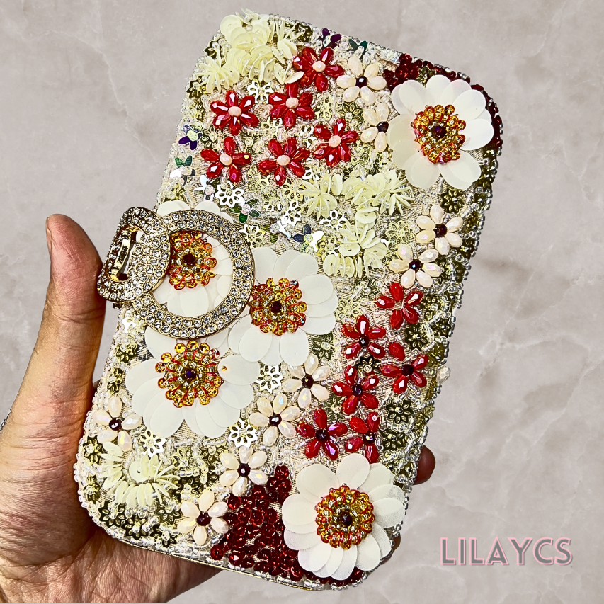 3D Flowers - Fashionably Elegant Metal Clutch Purse: Perfect for Ladies, Parties, and Weddings